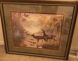Vtg PEACEFUL DEER Framed PICTURE Large Size Matted ...
