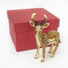 Sold at Auction: Enamel crystals Brown Horned Buck Deer trinket box