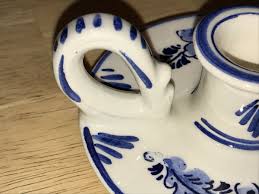 VNTG. HAND PAINTED DELFT BLUE CHAMBER CANDLE HOLDER FINGER LOOP HANDLE CROWN FG | eBay