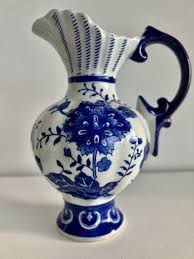 Chinoiserie Blue Scroll Ceramic Cobalt Blue & White Pitcher ...