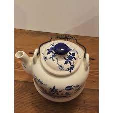 Early 20th Century English White and Blue Tea Kettle | Chairish