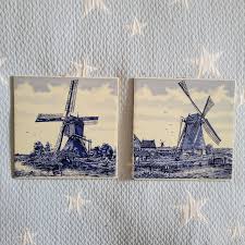 Lot of 2 VINTAGE Delft Blue Hand Painted Holland Windmill ...