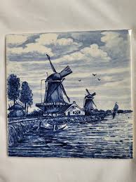 Vintage Blue and White Delft Blauw Tile Windmills Canal ...