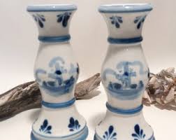 Pair of Vintage Delft Blue and White Candleholders or ...