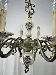 Vintage Delft Blue White Porcelain Pewter Chandelier Dutch 8 Arms Light Romantic - Collectors in the House