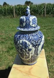 Vintage Dutch Royal Sphinx Maastricht Delft Blue Porcelain Lidded Vase Urn Lion - Collectors in the House