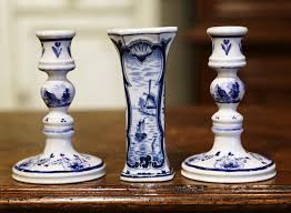 Pair of Vintage Blue and White Faience Candles Holder and Vase Stamped Delft For Sale at 1stDibs | delft blue candle holder, blue and white porcelain candle holders, delft candle holder