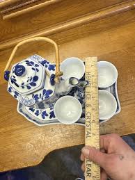 Blue/White VNTG Tea Set/Bamboo Handle Tray 4 Cups 'Misty Rose Super White China' | eBay