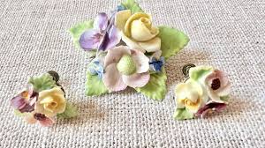 Vintage Denton Bone China Flower Brooch & Screwback Earrings ...