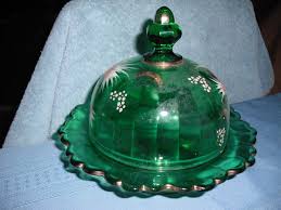 Green Gilded Glass Covered Dish Floral Pattern | eBay