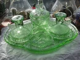 VINTAGE SOWERBY BUTTERFLY GREEN GLASS DRESSING TABLE VANITY SET 30/40s 5 PIECE | eBay