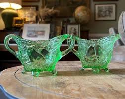 Indiana Glass Paneled Colonial Creamer & Sugar Set Gray Blue Footed Depression - Etsy