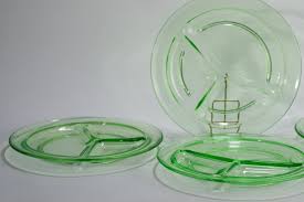 Set of 4 Divided Dinner Plates, Uranium Green Glass Glow in ...