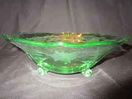 Uranium Glass Three Footed and Ribbed, Etched Serving Bowl - GLOWS! | eBay