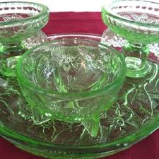 Vintage Green Glass Dressing Table Trinket Set Daffodil & Butterfly Design, Made in the the 1930's by Sowerby of London. Beautiful Condition - Etsy