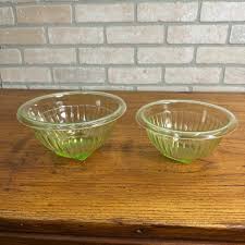 Pair Uranium Glass Nesting Bowls Glows Hazel Atlas Paneled Mixing – Brothers Antiques