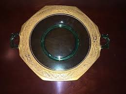 Rare Green Depression Two Handled Serving Glass Platter Gold Foil | eBay
