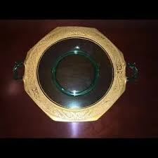 Dining | Rare Green Depression Two Handled Serving Glass Platter Gold Foil | Poshmark