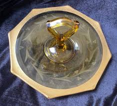 depression glass Amber handled plate with gold trim | eBay