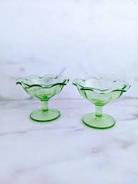 Pair (2) Vintage Green Uranium Depression Glass Ice Cream ...
