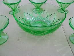 Set Green Vaseline Depression Uranium Glass Sherbet Cups Bowl Vintage | eBay