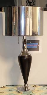 DERICA Table Lamp Chrome Shade Turned Wood Double Bulb & Chain Pull MCM Style | eBay