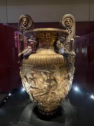 The Derveni Krater, made of bronze with a high concentration of tin at 15% to give the krater a gold color in the 4th century BC. It was used as a funerary