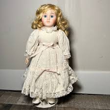 Accents | Vintage Porcelain Doll On Stand Eyelet Dress Blue ...