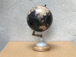 Black 9" Desk Globe on Wood & White Stone Stand - I Like Mikes Mid Century Modern