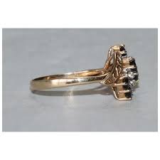 14K Yellow Gold Prong Set Diamond And Sapphire Ring. For Sale at Ruby Lane