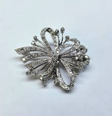 8K White Gold Diamond Ribbon Brooch Pin, Antique Diamond ...