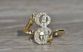 Ladies 14K Two Tone Script J Ring with Diamonds | eBay