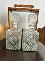 Vintage Tantalus Two Glass Decanters in Wood Carrier- Lockable - 70s Diamond Point Glass - Home Bar Grooms Gift Groomsmen. - Etsy