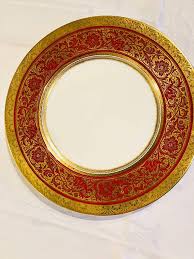 Set Rare Eleven (11) Minton Red Porcelain Ball Dinner Plates w/ Gold Borders For Sale at 1stDibs