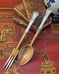 Rare Towle Old Colonial Sterling Silver Wood Salad Serving Fork Spoon Set 11” | eBay