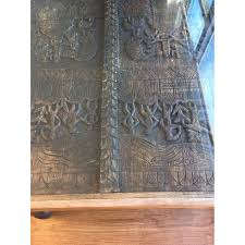 Tribal Carved Wood Glass Top Dining Table - AptDeco