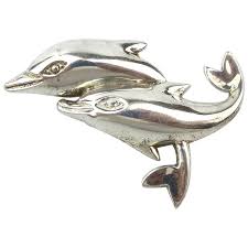 Taxco Sterling Silver Pair of Dolphins Pin Brooch D'Molina. For Sale at Ruby Lane