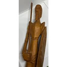 Mid 19th Century Hand Carved Don Quixote Sword & Shield Wooden Statue | Chairish