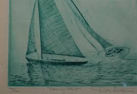 Lot - Don Swann (American b. 1889), Coming About and Similar Unframed Work, Etching in Blue/Green, Framed, 17 x 14 inches