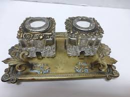 Antique 1980's Brass & Crystal Double Inkwell & Pen Holder ...
