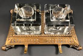 Antique Copper Tone Metal Double Inkstand With Glass ...