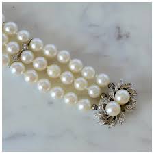 Elegant 14K White Gold Diamond & Cultured Pearls Triple-Strand - Ruby Lane