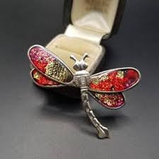 Dragonfly Motif Red Lame 3D Vintage Brooch Silver Metal ...