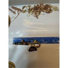 1950s Gold Tone Needlepoint Umbrella Carpet Bag Charm & Perfume Bottle Brooch P