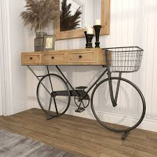 DecMode 58 x 34 Black Metal Bike Console Table with Wood Top ...