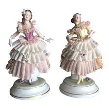 1940s Female Porcelain Figurines With Dresden Lace - a Pair | Chairish