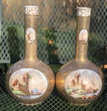 TWO ANTIQUE DRESDEN PORCELAIN VASES HAND PAINTED 24 K GERMAN ...