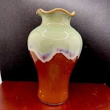 Vintage Drip Glaze Pottery Vase Brown/ Green Ruffle top 6.5” | eBay