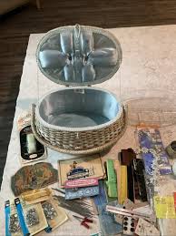 Vtg MCM Dritz ~Ivory Wicker Woven Sewing Basket Top Handle Satin Lined W NOTIONS | eBay