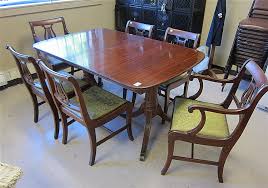 Lot - FEDERAL STYLE MAHOGANY DINING TABLE AND CHAIR SET, Thomasville Chair Co., Thomasville, North Carolina, mid-20th century, the set comprising rectangular dining table with twin tripod pedestals and two leaves and